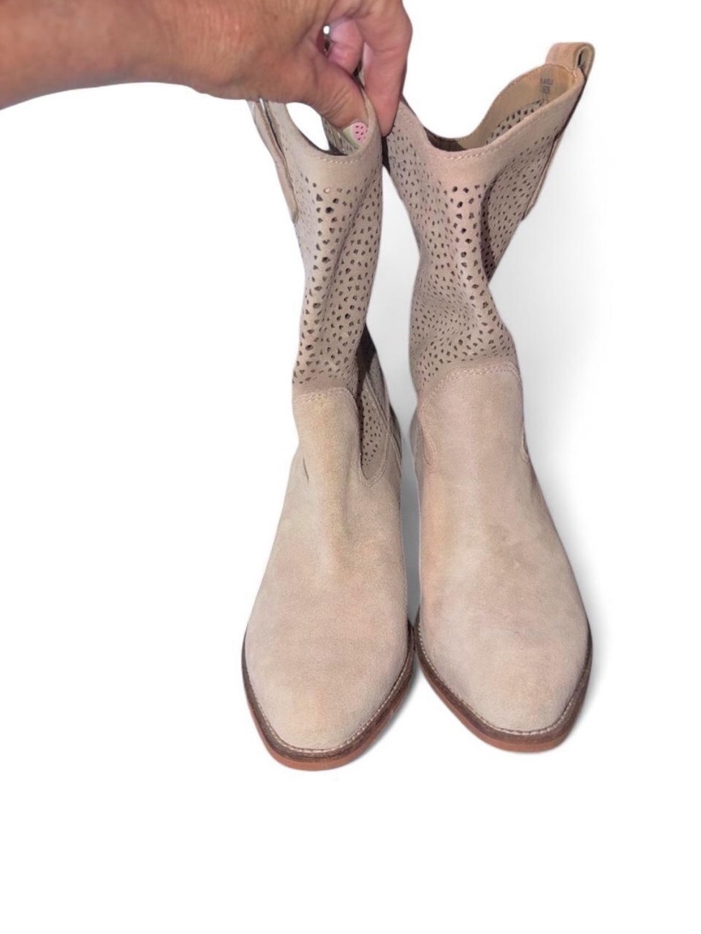 BCBGeneration Beige Suede Perforated Cowboy Heeled Boots